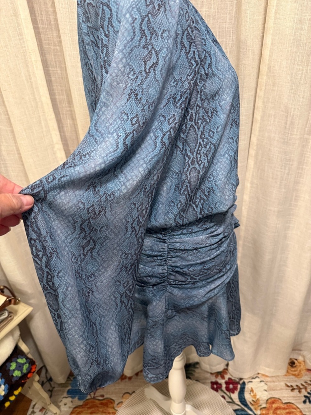 Ramy Brook Silk Snake Print Mini Dress Blue Gray Long Sleeve Ruched Waist - Picture 5 of 16